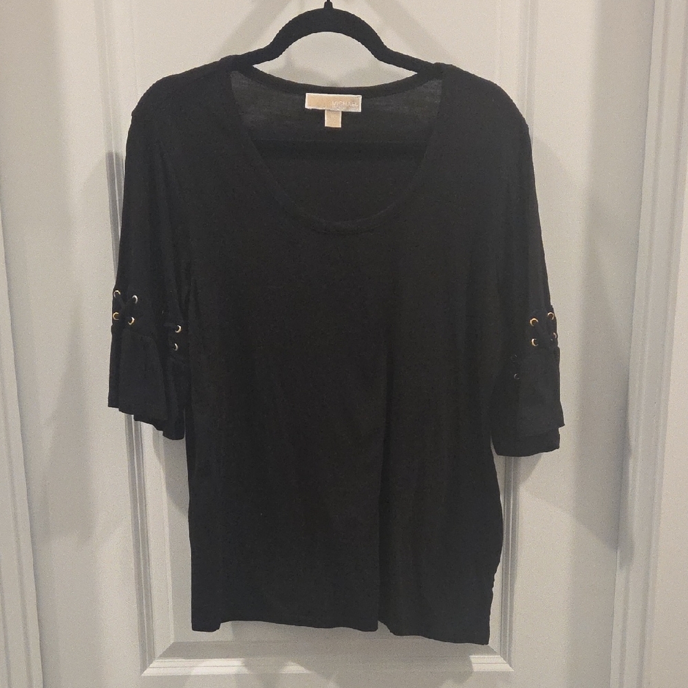 Michael Kors Black Short Sleeve Scoop Neck Top with Grommet Detail